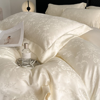 Parure de lit de luxe 4 pièces en satin lavé jacquard motif floral papillon, ensemble de draps en soie glacée
