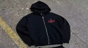 Black Full <b>Zip</b> <b>Hooded</b> Sweatshirt Men's Regular Fit Hoodie Raw Seam Washed Streetwear Winter Silk Screen Printing OEM Custom Logo - Product Image 1