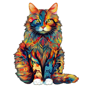Puzzle en bois coloré en forme de chat, puzzle en bois irrégulier en forme d'animal avec un design artistique vibrant pour adultes et décoration intérieure - Product Image 1