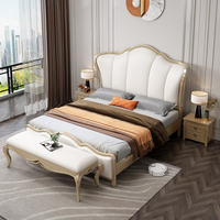 Lit en cuir de style moderne américain Lit de mariage de chambre à coucher Lit double rétro européen luxueux en bois massif sculpté