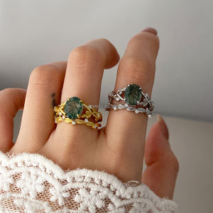 Anillos Clásicos de Piedras Preciosas al por Mayor con Ágata Musgosa, Rodio y Chapado en Oro de 18K, Anillos Gruesos de Estilo Simple para Mujer - Product Image 4