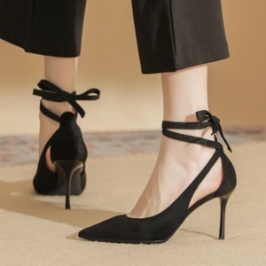 Zapatos de boda de verano de cuero dorado para mujer, color champán, estilo chino, tacón de aguja, punta puntiaguda, con lazo - Product Image 5