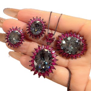 Juego de Joyería de 3 Piezas con Anillo Ovalado de Circonia Cúbica Grande de Color Negro de 15*20mm y Cobre Vintage, Diseño Floral para Mujer - Product Image 2