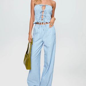 Conjunto Casual de 2 Piezas con Logotipo Personalizado, 100% Algodón, Pantalones Largos Holgados con Rayas Azules, Top Corto con Cordones, Tallas Grandes para Mujer - Product Image 2