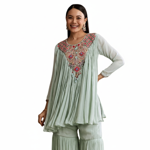 Vente en gros bleu ciel Chinon évasé Kurta Sharara ensemble avec fil travail pour fête de mariage porter réception de fête et commandes personnalisées - Product Image 1