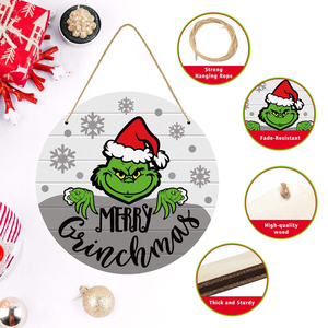 Letrero de bienvenida navideño del Grinch, decoración de madera para puerta principal, placa redonda colgante de Feliz <span class=keywords><strong>Grinchmas</strong></span>, adorno festivo para fiestas navideñas - Product Image 2