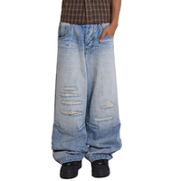 Jeans baggy à jambe large en denim lourd bleu délavé vintage avec fermeture éclair Jeans à jambes droites pour hommes