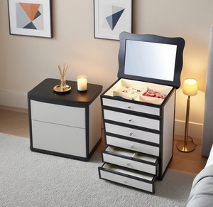 ตู้เครื่องประดับไม้ที่ทันสมัยพร้อมกระจกและลิ้นชักและพื้นผิวพิเศษและลูกบิดและเท้าสนับสนุนและช่อง - Product Image 2