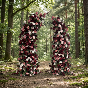 Arche demi-<span class=keywords><strong>lune</strong></span> en roses artificielles <span class=keywords><strong>bordeaux</strong></span> et rose poudré, réaliste, pour décoration florale de cérémonie de mariage, vente en gros directe usine - Product Image 1