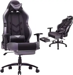 Cadeira grande e alta para jogos, cadeira para jogadores de computador de corrida com apoio para os pés, assento largo, apoio de braço 3D, cadeira ergonômica para escritório com encosto alto