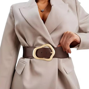 Cinturón Elástico Ancho para <span class=keywords><strong>Mujer</strong></span>, Estilo Corsé, Hebilla Irregular Dorada Vintage, Cinturón Elástico de Cuero PU para Vestidos de Niñas - Product Image 1