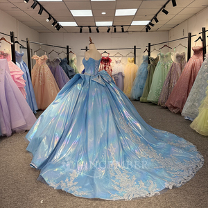 ชุดเดรสสีฟ้าสำหรับงาน Quinceanera ฉลองอายุ 15 ปี ประดับดอกไม้หลากสีสัน แต่งเลื่อมสีน้ำเงิน ประดับลูกปัด ผ้าลูกไม้ ชุดราตรีสำหรับงานปาร์ตี้ Dy1371 - Product Image 4