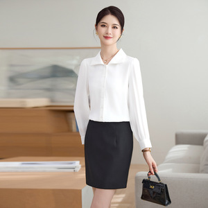 White Long Sleeve Shirt For Women Spring Autumn Work Formal Top Slim Fit Solid Color Polyester Blouse - Product Image 1
