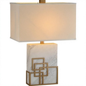 Lampe de table moderne en marbre avec design géométrique doré, abat-jour rectangulaire en tissu, E27 LED, commande par interrupteur, lumière décorative pour chambre à coucher - Product Image 2