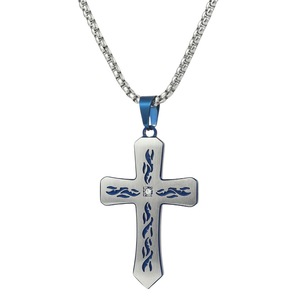 yunnique Stainless Steel <b>Cross</b> Pendant Necklace With Flame Design And Crystal Inlay For Men Hip Hop Style 60Cm <b>Chain</b> - Product Image 5