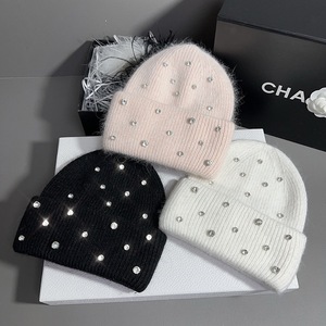 Gorro de lana para mujer, cálido para invierno, tejido grueso con pedrería, cubrecabezas moderno, negro, blanco, rosa, gris - Product Image 1