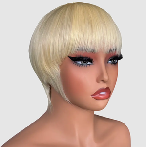Perruque brésilienne courte coupée, sans colle, en <span class=keywords><strong>cheveux</strong></span> Remy, fabriquée à la machine, avec frange droite, pré-épilée, prête à porter, qualité salon, couleur 1B blond noir, douce - Product Image 2