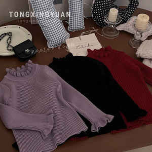 Children's Girl Warm Wool Sweater Solid Color Thickened Knitted Top With Ruffled Edges Lace Collar Full Sleeve - Product Image 1