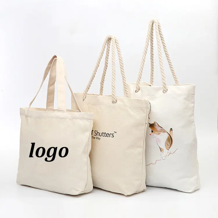 קידום לבן חוף קניות Tote שקיות עם לוגו מודפס מותאם אישית כיס רוכסן כותנה בד Tote תיקי נשים