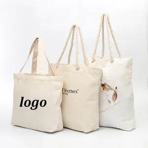 Promotion White Beach Shopping Tote Bags With Custom Printed Logo Pocket Zipper Cotton Canvas Tote Bags For Women