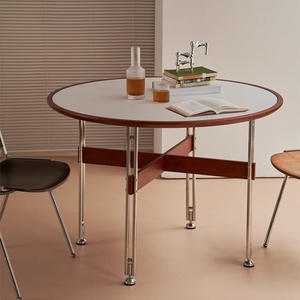 Mesa de Comedor Redonda de Madera Maciza con Patas de Acero Inoxidable, Estilo Moderno de Mediados de Siglo, para Apartamentos Pequeños, Estructura Estable con Marco de Caja - Product Image 1