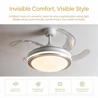 Ventilateur de plafond LED moderne en métal avec télécommande, 6 vitesses, 4 pales, 3 couleurs changeantes, CRI 97, silencieux 29 dB, moteur AC, intensité variable, pour chambre et salon