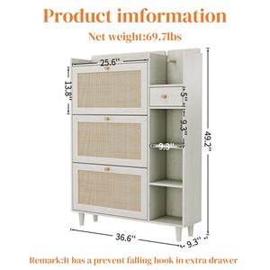 خزانة أحذية بوهيمية من صنرايز مع 3 أدراج قابلة للطي من الخيزران، و3 أرفف مربعة، ودرج واحد، منظم أحذية مع خطافات للمدخل - Product Image 2