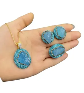 Conjunto de tres piezas de tesoro azul marino natural con incrustaciones personalizadas de diamantes checos galvanizados joyería de 14K