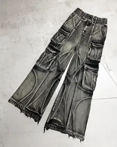 Jeans baggy à cargaisons multiples de style vêtements de rue personnalisés pour travaux manuels Pantalons cargo délavés Jeans pour hommes