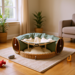 Cama Telescópica para Gatos con Túnel Acolchado, Cama Redonda para Perros de Interior Color Verde Matcha con Pelotas de Juguete, Lavable a Mano, Fibra de Poliéster, Tela Oxford - Product Image 2