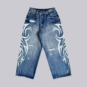 Pantalones vaqueros desgastados de 5 bolsillos para <span class=keywords><strong>hombre</strong></span>, pantalones vaqueros de calle holgados con estampado de <span class=keywords><strong>tatuaje</strong></span> de descarga - Product Image 3