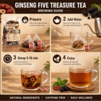 Thé aux Cinq Trésors au Ginseng 150g 30 Sachets en Sachet Transparent Mélange Herbal Personnalisable OEM de Maca Noire, Baies de Goji, Dattes Rouges et Mûres