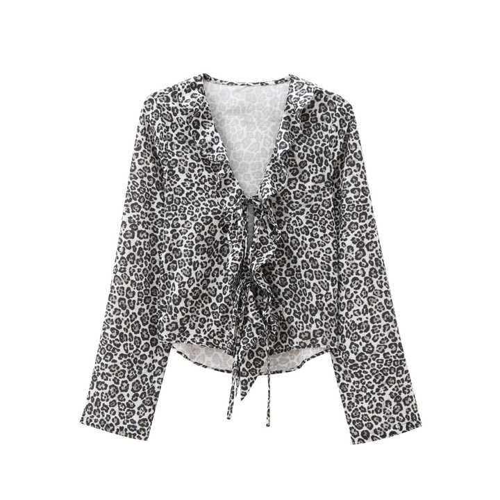Floral Animal Mixed Print Ruffle Sleeve V-neck Crossbody Top With Scoop Hem