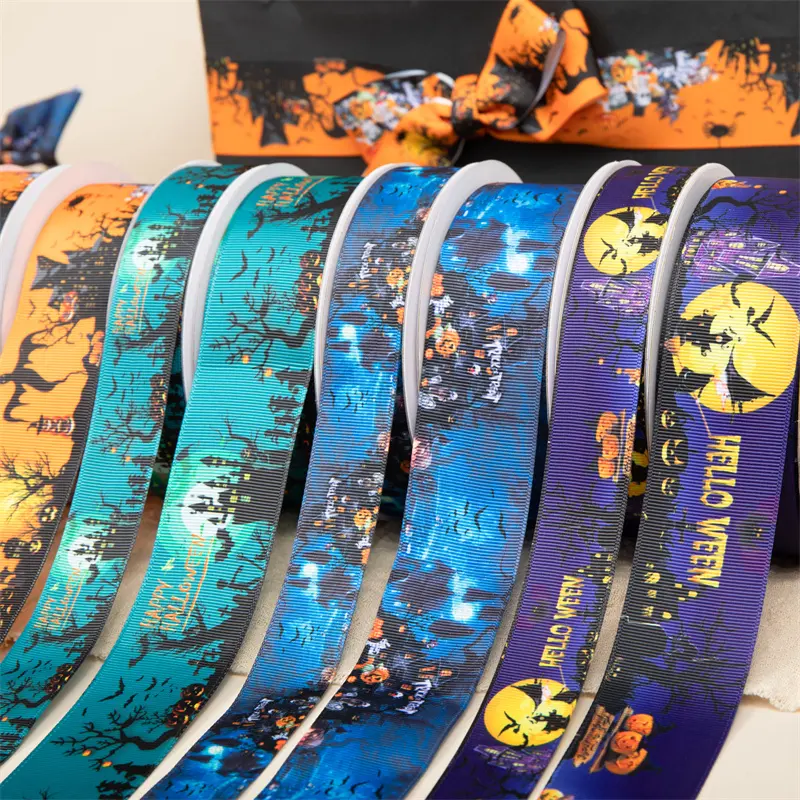 75mm new design halloween ribbon ink printed polyester grosgrain ribbon modern ornaments for holiday