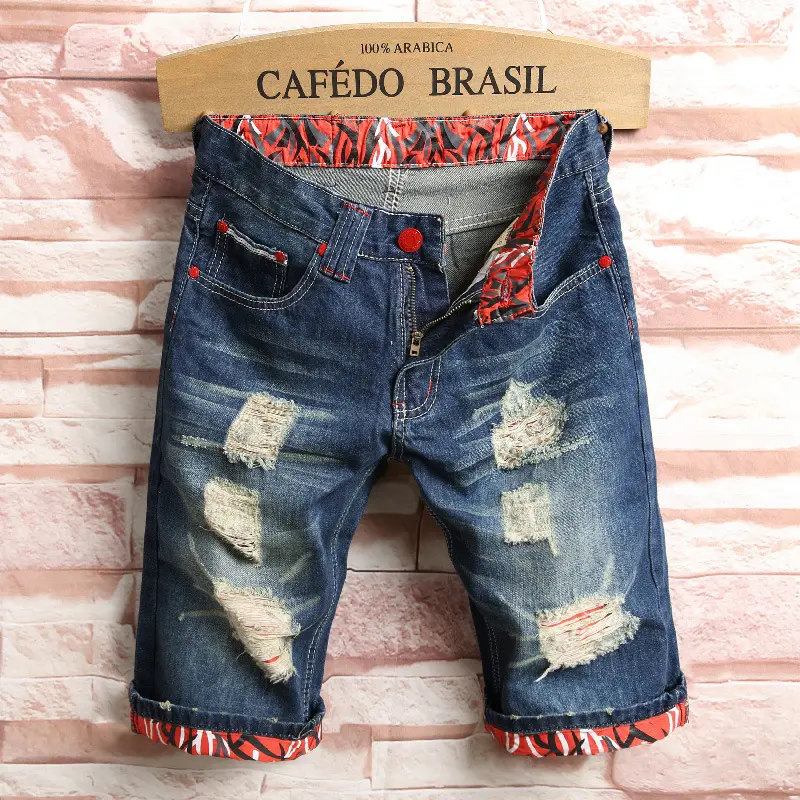 Wholesale Custom Summer Casual Straight Streetstyle Elastic Cut Up Ripped Denim Short Jeans Men