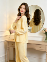 Ensemble de pyjama décontracté en fibre de bambou pour femmes, tricoté, confortable, col rond, luxueux, respirant, style fin printemps/automne, cardigan à manches longues