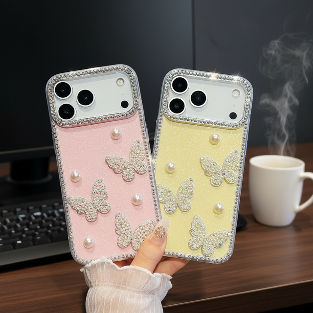 Sparkling Diamonds Glitter Transparent Pearl Butterfly Luxury Girly Cell Phone Cases for iphone 17Air 17Promax 16E 15 14 13 Pro
