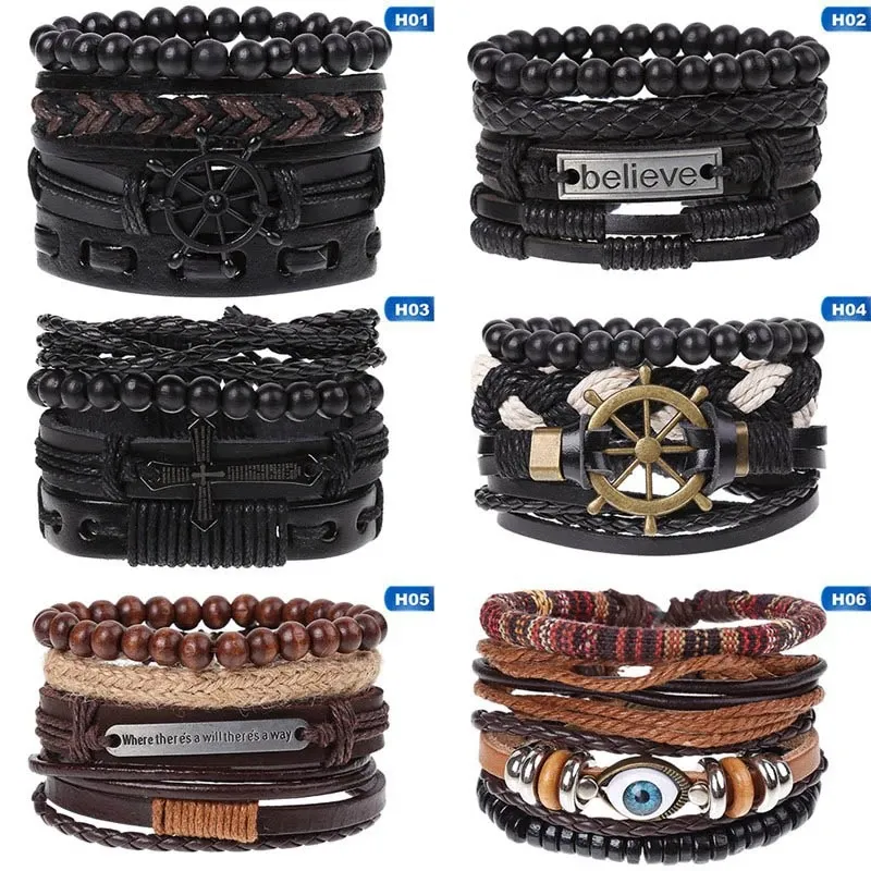 Groothandel Vintage Zwarte Kralen Armbanden Voor Mannen Fashion Hollow Driehoek Lederen Armband & Bangles Multilayer Wide Wrap Sieraden