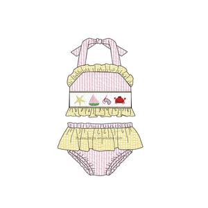 Puresun summer girls boutique clothes crab ricamo seersucker girls clothing set nuovo design smocked baby girl clothes - Product Image 4