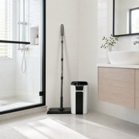 Ensemble serpillière plate et seau pour nettoyage domestique, avec fonction lavage et essorage, couvercle de seau avec raclette, manche télescopique en acier inoxydable, microfibre