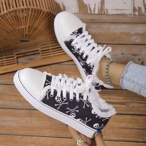 Trendy Canvas Schoenen Met Schedelpatroon Voor Dames Laag Uitgesneden Ronde Neus Antislip Canvas Casual Schoenen - Product Image 4