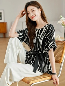 夏季短袖衬衫女式办公室优雅条纹印花衬衫上衣配腰带 - Product Image 2
