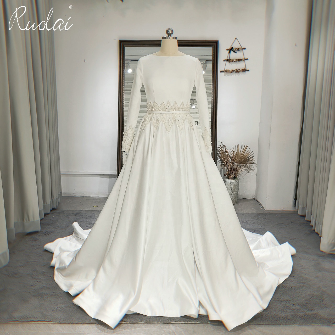 QD06055 Elegant Long Sleeves Beading with Ribbon Wedding Dress A-Line Satin Crystal Bride Gowns
