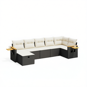 Conjunto de Sofá de Jardín Negro para Exteriores con Cojines Color Crema, Diseño Contemporáneo de Ratán, Otomana Impermeable con Espacio de Almacenamiento - Product Image 1