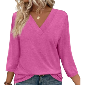 2026 New Women's Casual V-Neck Knitted T-Shirt Comfortable Polyester/Cotton Long Sleeve Solid Color Anti-Pilling Versatile - Product Image 1