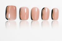 Ongles à presser de longueur moyenne, design vague nude, forme amande, en ABS, avec estampage doré et lignes abstraites minimalistes, fabrication OEM ODM personnalisée