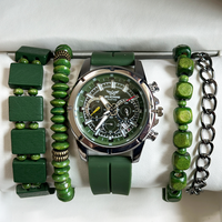 5Pcs/Set Jam Tangan Quartz Pria Hijau Modis dengan Gelang Set Jam Tangan Pria Mewah Hadiah Reloj De Lujo Para Hombre