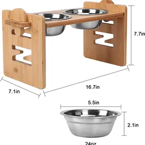 批发竹猫碗架宠物喂食器通用宠物餐桌可调高架木制食品储物