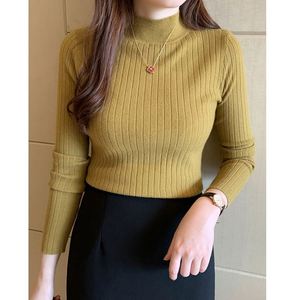 Pull en tricot à col montant pour femme I-0382, automne, manches longues, couleur unie, coupe slim, décontracté, logo sur le devant, acrylique - Product Image 3