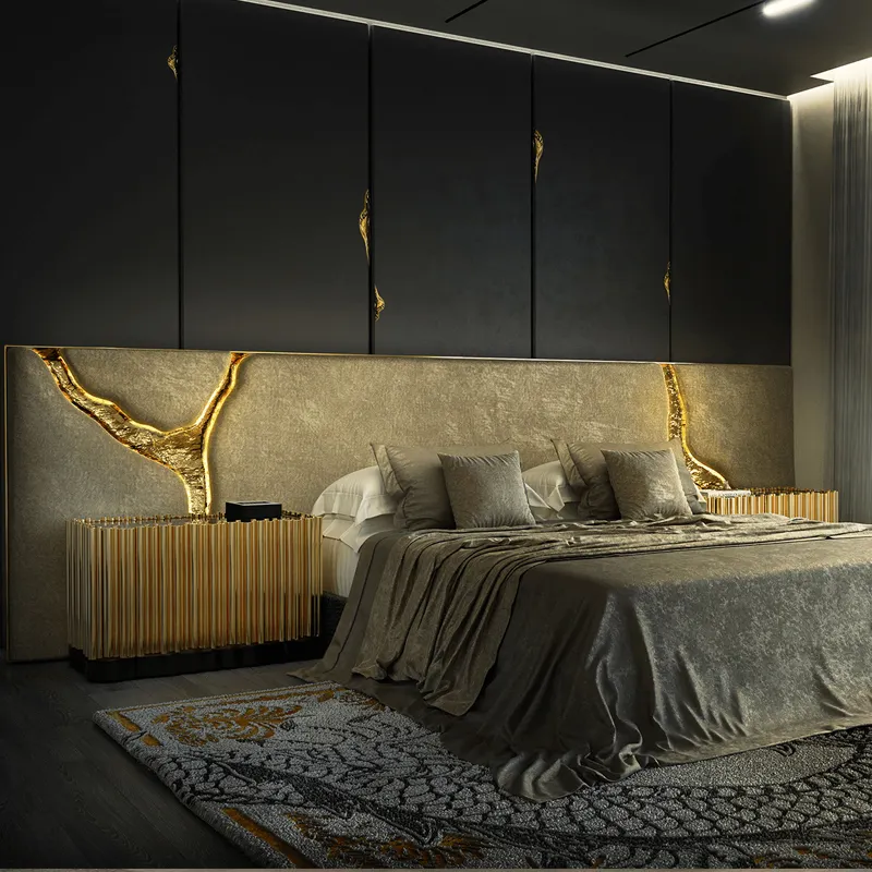 Luxury art design metal bed gold Double beds frame high-end villa custom furniture headboards